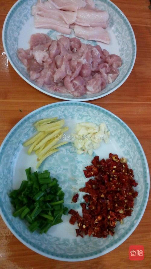 猪肉切好，瘦肉和肥肉分开。辣椒切好，生姜切丝，大蒜拍扁，葱切成葱花，