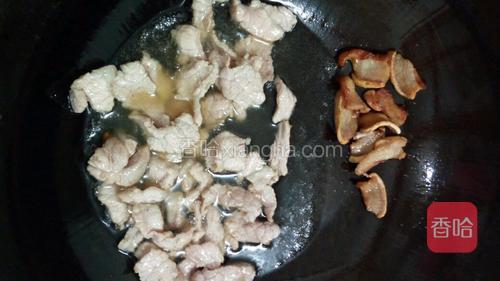 当锅中的肥肉炸出油后肉至金黄色时，倒入切好的瘦肉翻炒，