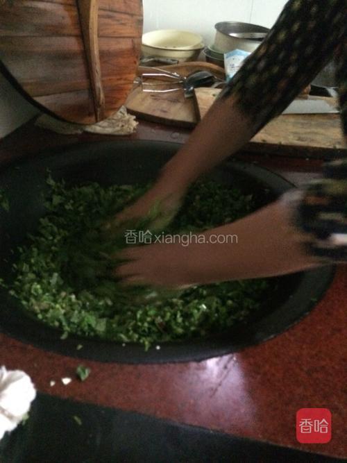 把放入辣椒和盐的萝卜菜拌均匀