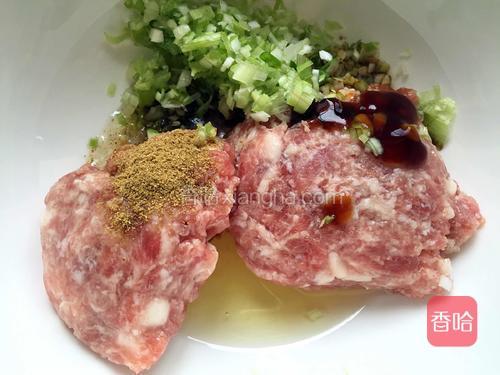 大葱切末，和肉馅、调料一起放碗中。