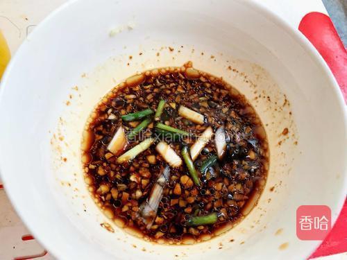 调汁（蒜末、几粒小葱末、蜂蜜、孜然粉、蒸鱼豉油、香油、椒盐、味极鲜）搅拌均匀，也可以放些陈醋；
