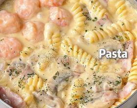 奶油口蘑培根蝦滑意面