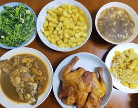 7.11 晚饭 3 人 红烧大黄鱼 奥尔良烤鸡 咖喱土豆 炒菠菜 紫菜榨菜蛋汤[图]